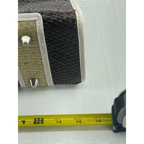 Woven Straw Satchel Bag Top Handle Purse Neutral Colorblock Small - Picture 6 of 8